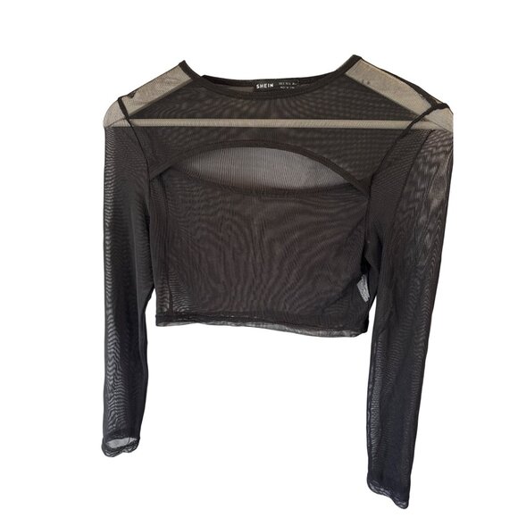 Shein Black Mesh Long Sleeve Crop Top Size S Sheer Clubwear Whimsygoth Y2K - Picture 2 of 7